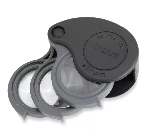 LUPA C/ESTUCHE PLEGABLE 3 EN 1 5X/10X/15X, CARSON-1